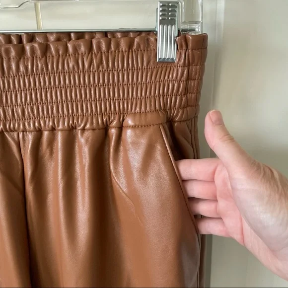 Joie Camel Faux Leather Elastic Waist Straight Leg Pants